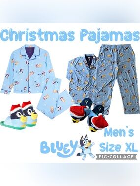 Disney Bluey Christmas Pajamas Dad Bandit Heeler Slippers Mens Size XL (11/12)